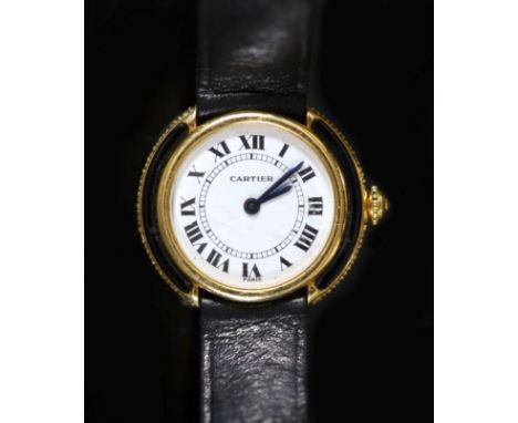 A lady's Cartier Vendome 18ct gold, black enamel and diamond set manual wind wrist watch,with Roman dial, the black enamelled