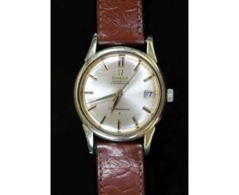 A gentleman's stainless steel and gold plated Omega Constellation automatic chronometer wrist watch,with baton numerals and d
