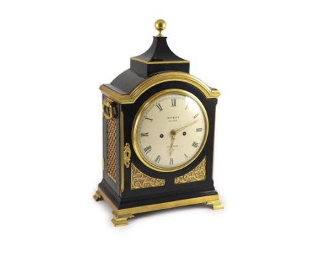 Barraud, Cornhill, London. A George III ebony and brass mounted bracket clock,with plain architecutural case, circular enamel