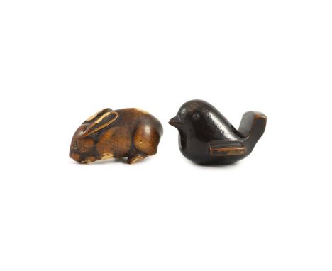 A Japanese lacquered wood netsuke of a bird and a wooden netsuke of a rabbit, 18th/19th century,the bird with seal mark to ba