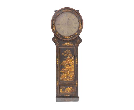 George Windmill of London, 1790. A George III japanned dropdial wall clock,the 14 inch brass dial with central scrolls and Ro