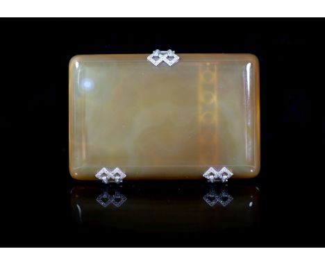 A 1920's French 18ct white gold, platinum and rose cut diamond set two colour agate rounded rectangular cigarette case, by Mi