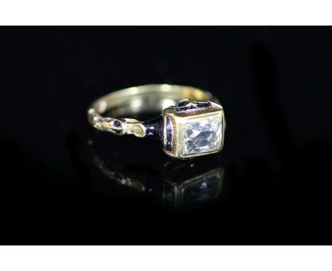 An 18th century gold, rectangular cushion cut diamond and three colour enamel memorial ring,with carved shoulders, the shank 