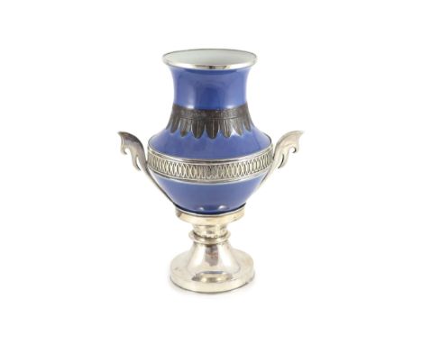 An unusual Chinese silver mounted blue glazed porcelain vase, early 20th century,the baluster shaped body decorated with a ba