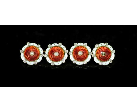A pair of early 20th century gold, two colour enamel, seed pearl and diamond set cufflinks,of shaped circular form, 13mm, gro