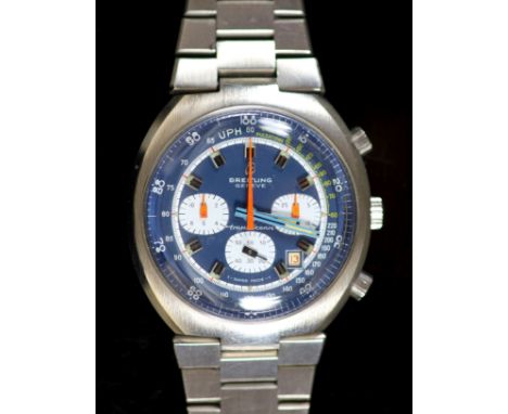 A gentleman's 1970's stainless steel Breitling Transocean chronograph date manual wind wrist watch,with blue dial with three 