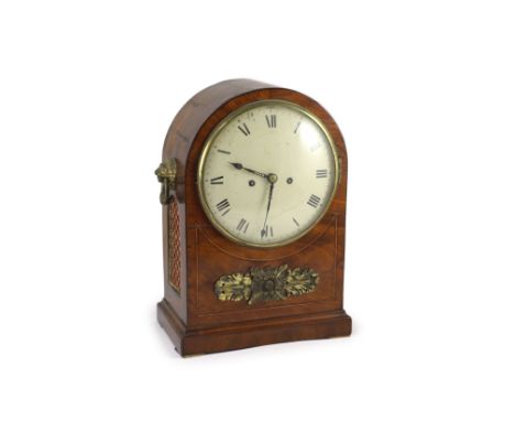 A George III mahogany bracket clock,the arched cased with foliate mount and lion's mask ring handles and painted Roman dial, 