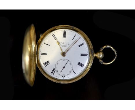 A Victorian engine turned 18ct gold hunter keywind duplex pocket watch by James McCabe, Royal Exchange, London,with initialle