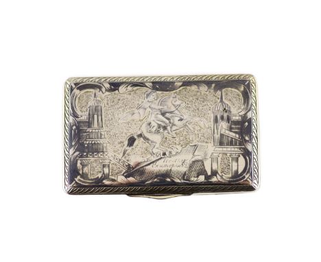 An early 19th century Russian 84 zolotnik parcel gilt silver and niello snuff box, assay master possibly Nicholai Brubovin,18