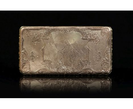 An early 19th century French engraved and engine turned gold rectangular snuff box, with hinged cover,decorated with a lady a