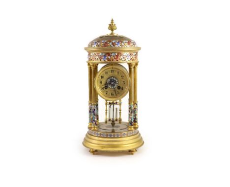 A late 19th century French ormolu and champleve enamel portico clock,the gilt arabic dial signed Benet Fink &amp; Co, London,