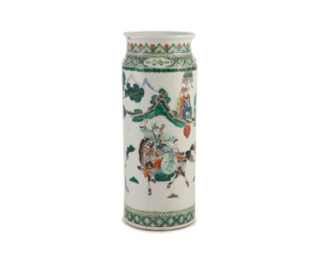A Chinese famille verte cylindrical vase, Kangxi mark but Guangxu period,painted with dignitaries and riders on horseback in 