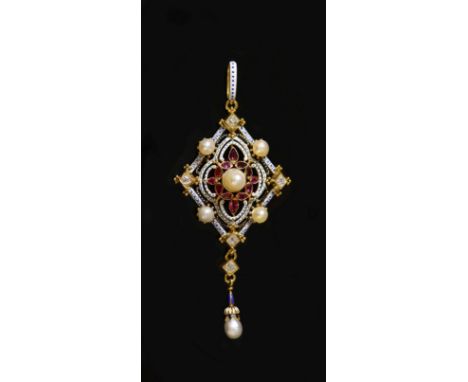 A good Victorian gold, three colour enamel, diamond, ruby and pearl set drop pendant, by Carlo Giuliano, circa 1870,of diamon