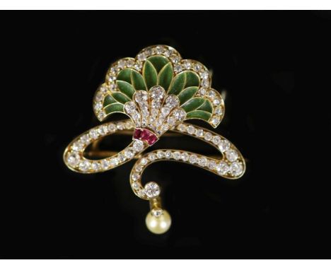 A Continental gold, ruby, diamond, plique a jour enamel and drop pearl set clip brooch,of fan and scroll form, 34mm, gross we