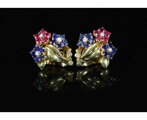 A pair of French Van Cleef &amp; Arpels 18ct gold, ruby, diamond and sapphire set triple flower head cluster ear clips,number