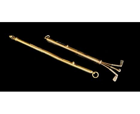 A George V Cartier 9ct gold novelty swizzle stick, modelled as a golf bag and a similar Cartier 18ct gold swizzle stick,with 