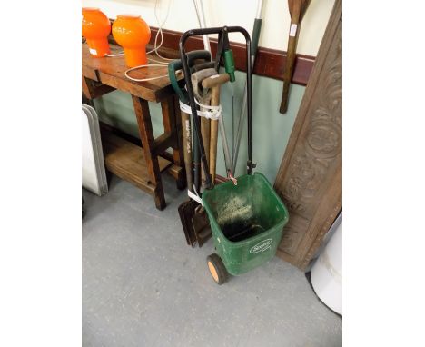 Quantity of garden tools, lawn spreader, etc.