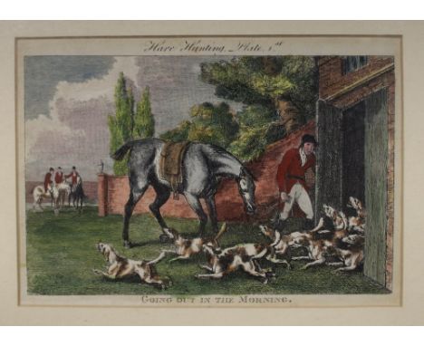 After Howitt - Six coloured engravings - 'Hare Hunting', plates 1-6, each 11.5cm x 16.5cm, in later wooden frames and glazed