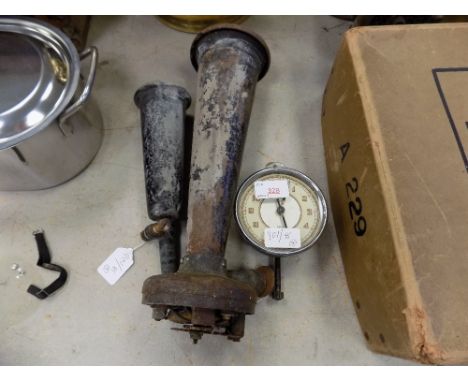Two car horns and Swiss made automobile clock