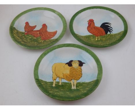 Three Sharon Jones painted ceramic dishes, farm animal scenes, circa 1994.