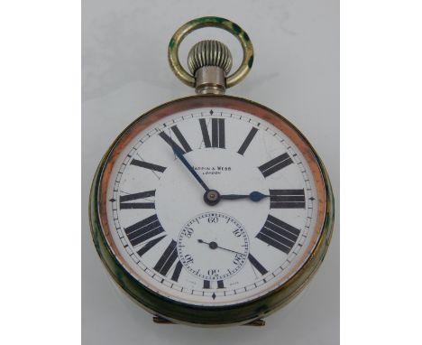A white metal Mappin & Webb open faced pocket watch, the enamel dial with Roman numerals, subsidiary seconds dial at six, blu