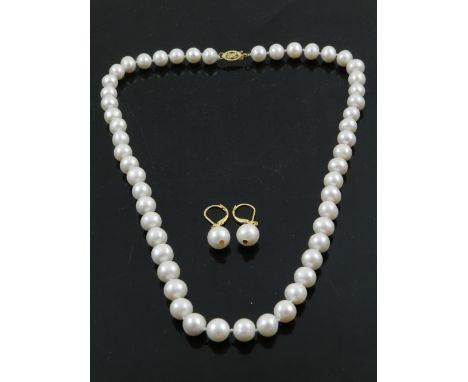 A South Sea white pearl necklace, having 14 carat yellow gold clasp, together with a pair of yellow metal and pearl drop earr