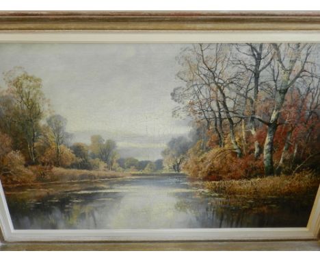 K. Warra (20th century Dutch school), a view of a river, oil on canvas, signed lower right. H. 67cm W. 103cm