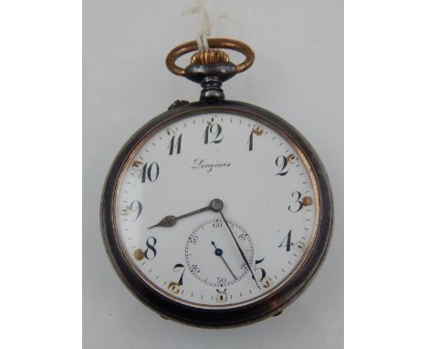 An early 20th century steel Longines open faced pocket watch, the white enamel dial with Arabic numerals, seconds subsidiary 
