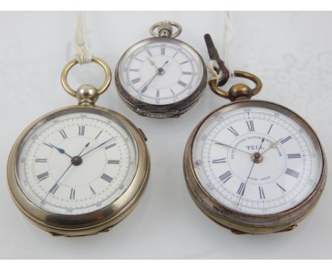 A small white metal open faced chronograph pocket watch, the enamel chapter ring with Roman numerals, gilt spade hands, blued