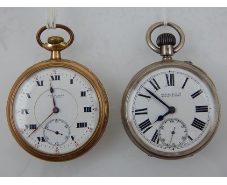 A white metal open faced Campaign pocket watch, the enamel dial with Roman numerals, subsidiary seconds dial, signed Marks & 