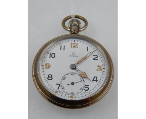 A steel Omega open faced military pocket watch, the enamel dial with Arabic numerals, seconds subsidiary dial at six, round c