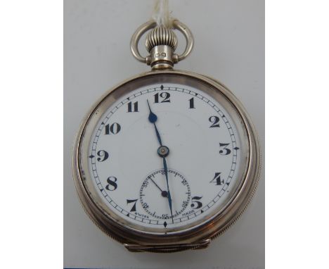 A 20th century silver open faced pocket watch, the enamel dial with Arabic numerals, subsidiary seconds dial at six, engine t