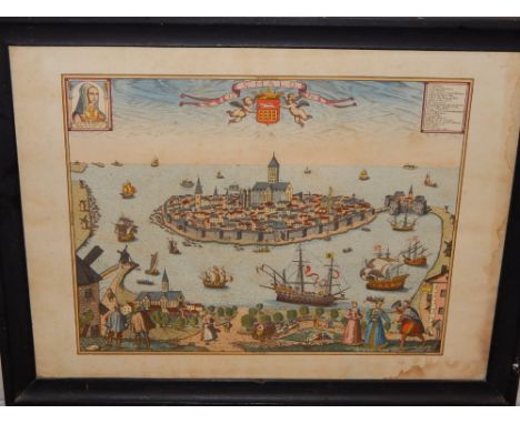 A hand coloured print of St Malo, framed. H: 58cm W: 73cm