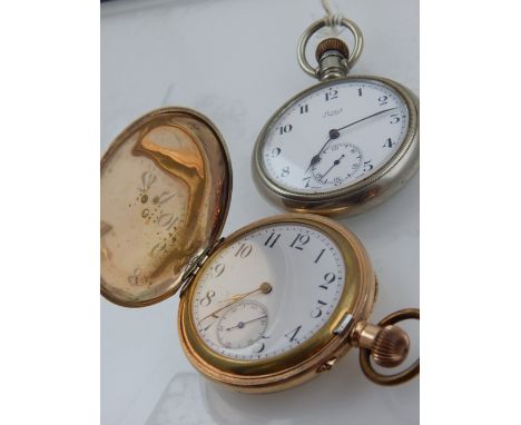 A gold plated hunter pocket watch, the enamel dial with Arabic numerals subsidiary seconds dial at six, together with a nicke
