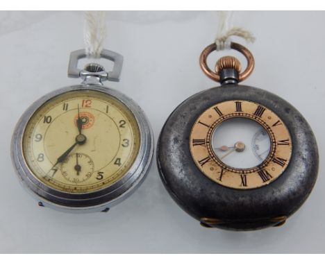 A steel half hunter pocket watch, the enamel dial with Roman numerals, subsidiary seconds dial at six, gilt double spade hand