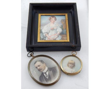 An early 20th century oval miniature portrait of a gentleman, together with a later miniature and a framed photograph.