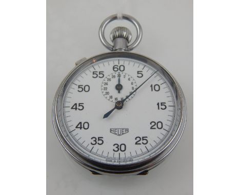 A steel Heuer stop watch, the white enamel dial with Arabic numerals, subsidiary dial at 12 for 0-30 minute register, blued s