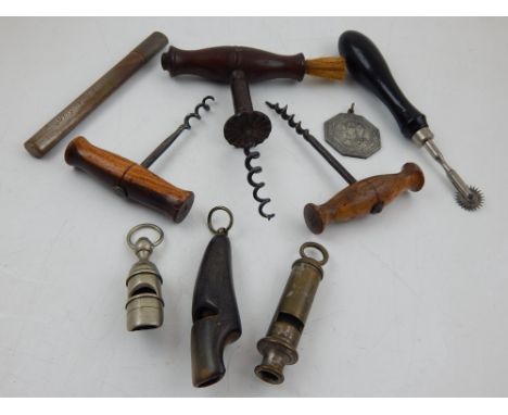 A Victorian carved horn whistle, a Hodson & Co ARP whistle, a Victorian rosewood handled corkscrew, medical thermometer and s