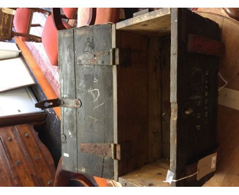 An early 20th century rectangular wooden ammunition box, with rope loop handles and stencilled 'R.E.S. Chiswick', the lid mar