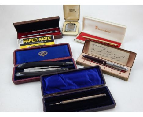 A Victorian white metal propelling pencil, a boxed Parker 51 fountain pen, two others and sundries (6)
