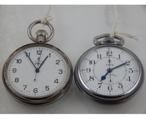 A steel Longines open faced military pocket watch, the enamel dial with Arabic numerals, blued steel hands, sweep centre seco