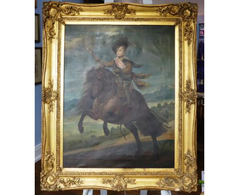 After Diego Velazquez&nbsp;(Spanish, 1599-1660), Portrait of Prince Balthasar Charles on horseback, 19th century oil on canva