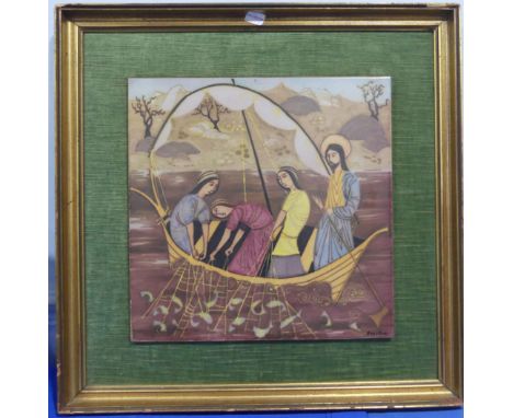 A late 20thC painted Tile by Onestini, 'The Fisher of Men', depicting Jesus with his disciples on the Sea of Galilee, signed 