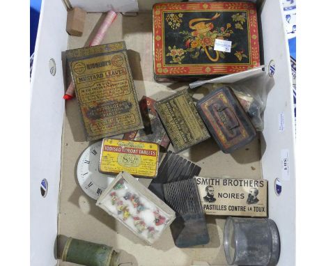 A box of Wonderments, including a 19thC figural painted wooden snuff box, vintage tins and containers, etc. (a lot) 