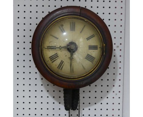 A late 19thC Postmans&nbsp; alarm wall clock, with two 'pine cone' weight movement, lacks pendulum, together with another pos