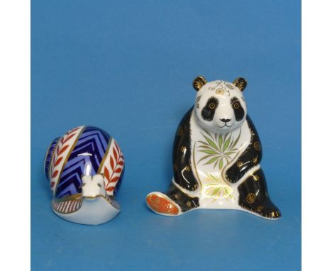 A Royal Crown Derby 'Giant Panda'&nbsp; Paperweight,&nbsp;with gold stopper, together with a Snail Paperweight, 2nd Quality a