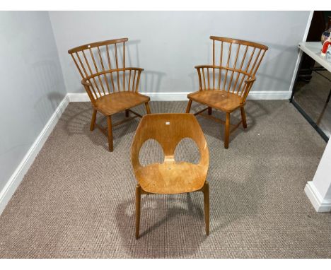 A pair of mid 20thC light wood stick-back Windsor Chairs, together with a moulded wood 'Kandya' chair (3)