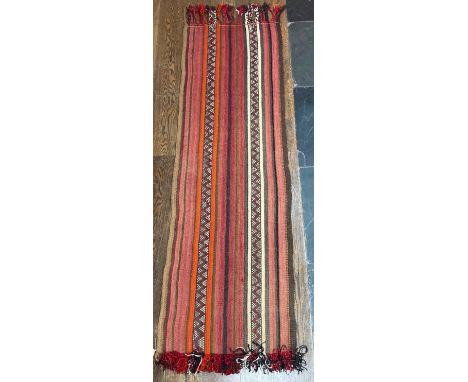 Tribal Rugs: an old Kilim Runner,&nbsp;100% wool, woven with stripes in subtle colours - plum, dusky red, orange, brown and c