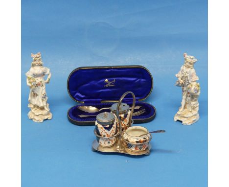 A silver plated and Imari Cruet Set, with silver mustard spoon, together with a cased silver spoon and fork set and a pair of