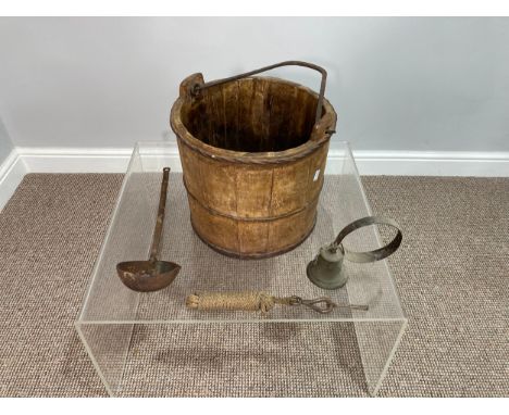 An antique wooden Milking Pail, 72cm x 72cm (excluding handle), together with an iron ladle, sprung doorbell and an iron hook